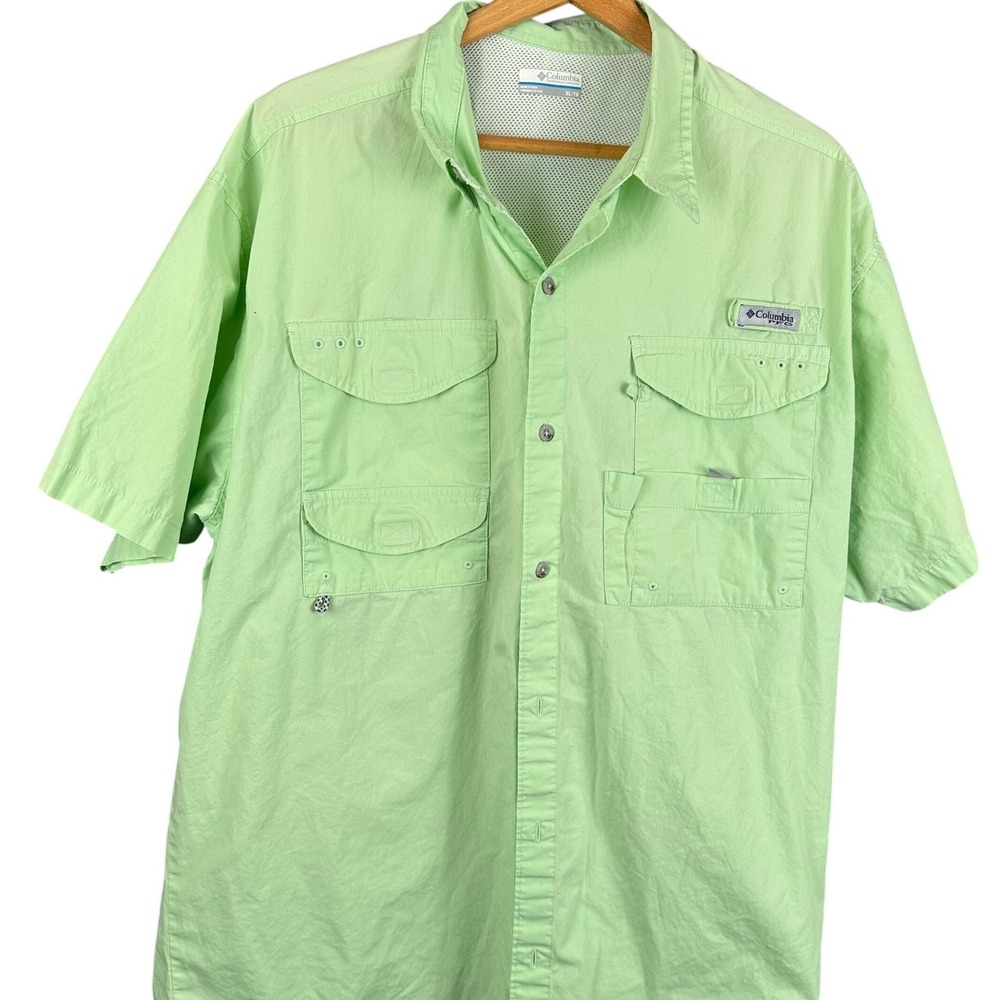 Columbia PFG Bahama II Fishing Shirt Mens XL Lime Green Short Sleeve Button Down